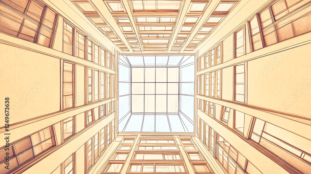 Poster a unique upward perspective of warm-toned modern buildings with large windows creating a geometric a
