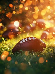 A close-up shot of an American football resting on green grass, illuminated by soft natural sunlight, with a blurred background of more footballs and warm sunlight bokeh illustration