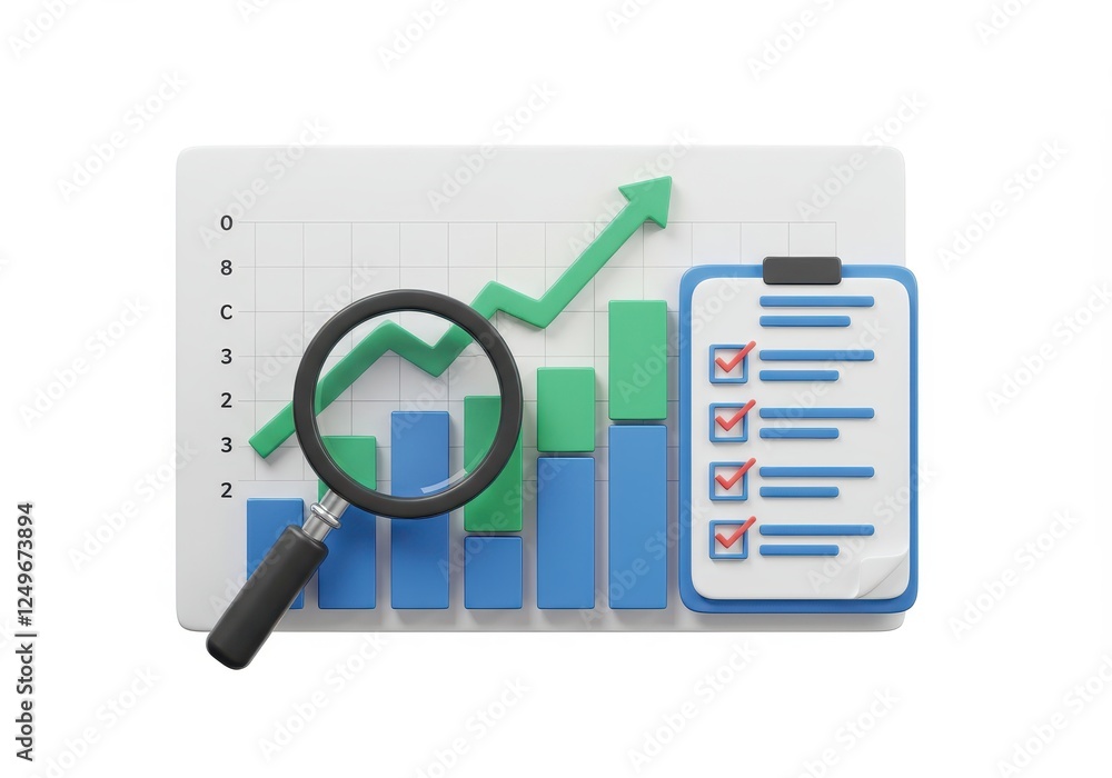 Poster 3d illustration of a magnifying glass over a rising bar graph and a checklist symbolizing analytics 