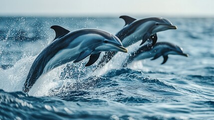 Fototapeta premium A breathtaking moment capturing dolphins leaping joyfully from the ocean, showcasing their incredible agility and playful nature amidst sparkling water splashes.
