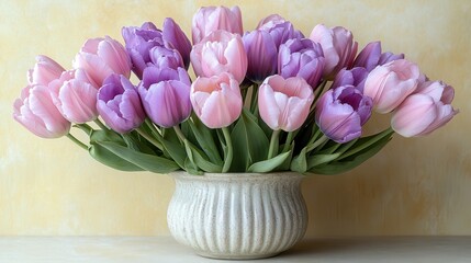 Pink and purple tulips in vase, spring bouquet, pastel background, floral arrangement, greeting card