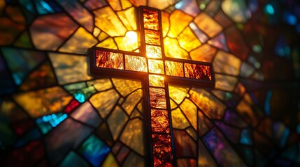 A beautifully crafted stained glass cross illuminated by a warm glow, symbolizing faith and spirituality, creating an inspiring atmosphere in a serene backdrop.