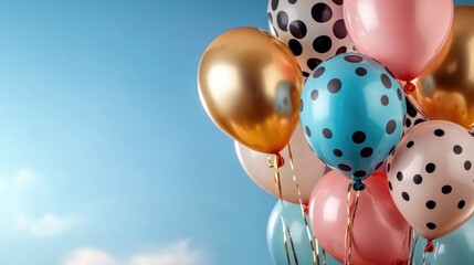 Colorful polka dot and metallic balloons against blue sky