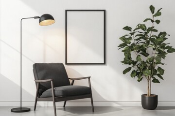 Fototapeta premium Minimalist room interior with armchair, floor lamp, poster mockup, and plant.