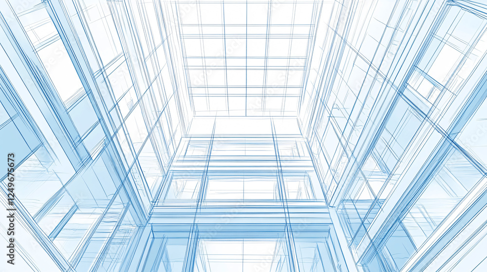 Poster a futuristic wireframe architectural rendering of a modern glass building in blue tones showcasing t