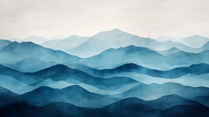 A serene landscape painting of layered blue mountains, invoking a sense of tranquility and the beauty of nature through its soft and soothing colors.