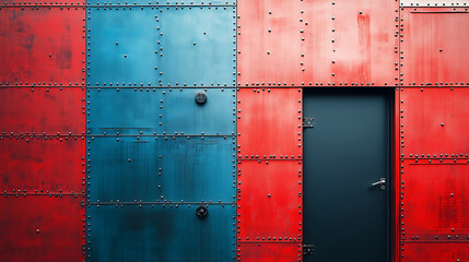 Industrial Metal Wall with Rivets – Red and Blue Steel Panels and Door
