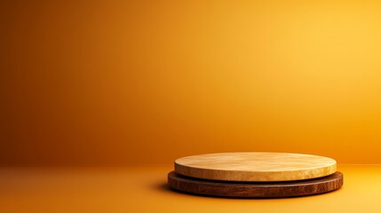 Obraz premium Wooden Display Stand on Bright Background - A wooden display stand set against a bright orange background, perfect for showcasing products or food items.