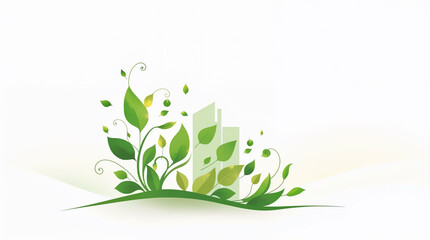 Green Eco City Concept with Growing Leaves and Building Silhouette - Environmental Sustainability and Urban Development Symbol