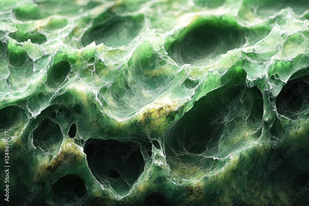 Poster close-up view of a textured green mineral or stone with intricate patterns.