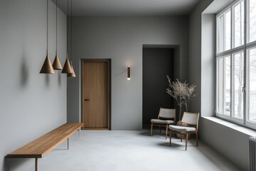 Minimalist hallway with wooden bench, chairs, and pendant lights.