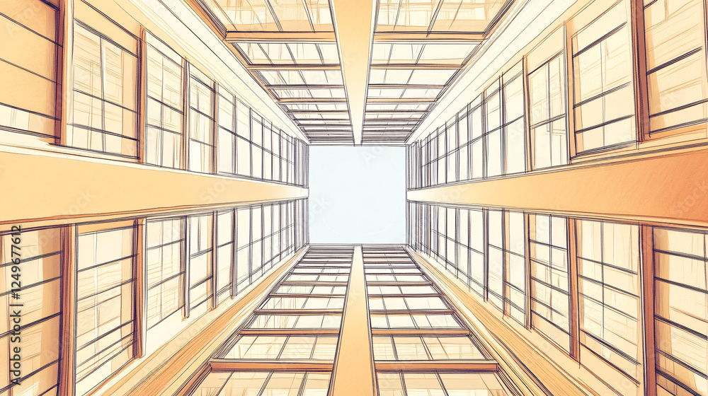 Poster a unique upward perspective of warm-toned modern buildings with large windows creating a geometric a