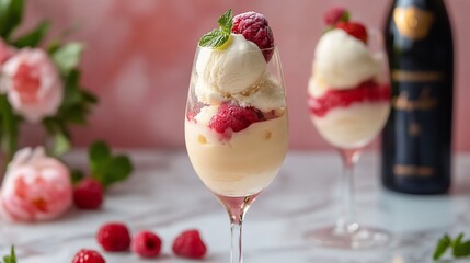 Champagne ice cream dessert, raspberries, pink background, food styling