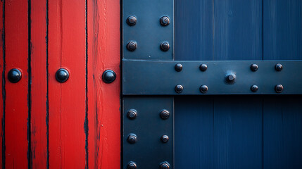 Fototapeta premium Rustic Wooden Door with Metal Rivets – Bold Red and Blue Industrial Design