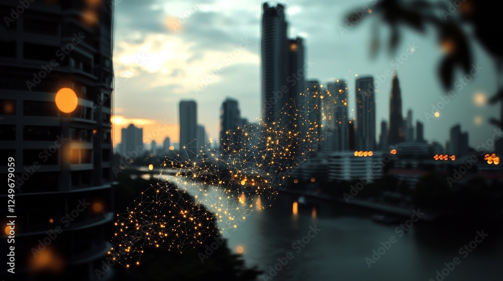 Poster wireless network and connection technology concept set against abstract buildings and a city backdro
