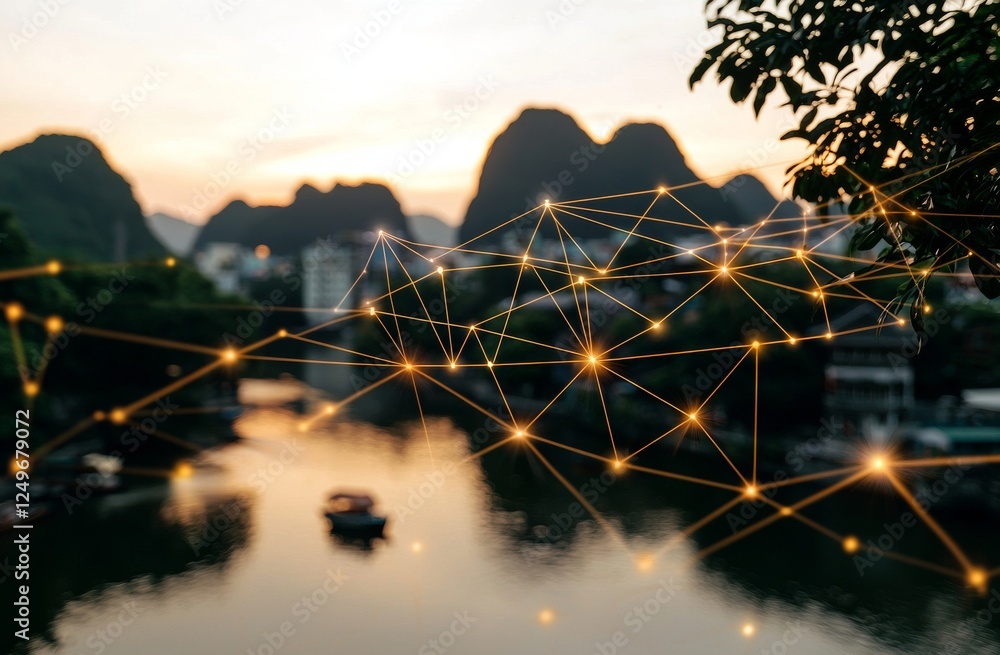 Poster concept involving a smart and wireless communication network. digital network connection lines of ha