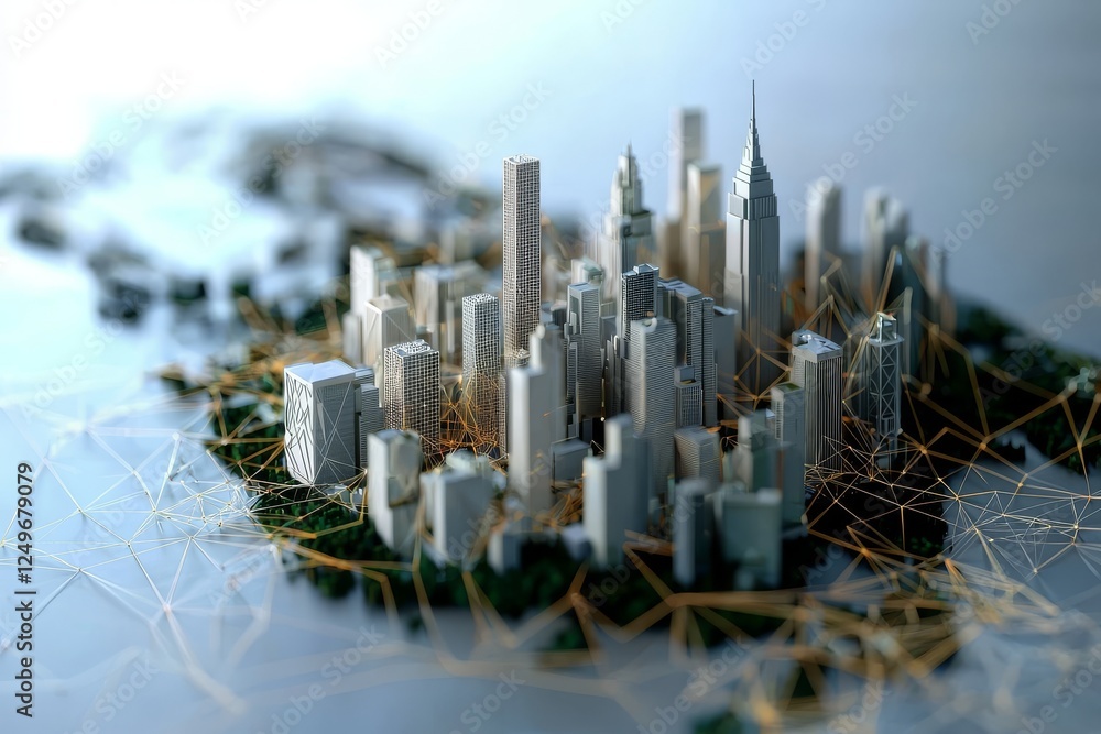 Poster a cityscape with available space on a grey background, with elements of a virtual augmented reality 