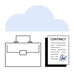 Briefcase and signed contract beneath cloud graphic. Ideal for business management, cloud storage, document security, contract signing, digital archiving, remote work, abstract line flat metaphor