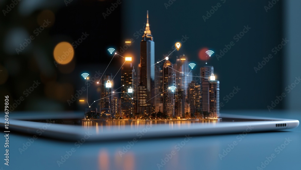 Poster futuristic city on a digital tablet, showcasing technology and smart city iot applications with an a