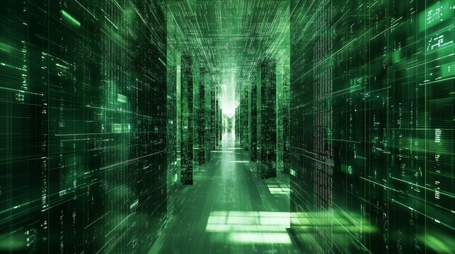 Green background with lights. Computer and cyberspace technology. Digital programming network with data. Background in green lifestyle with illumination.