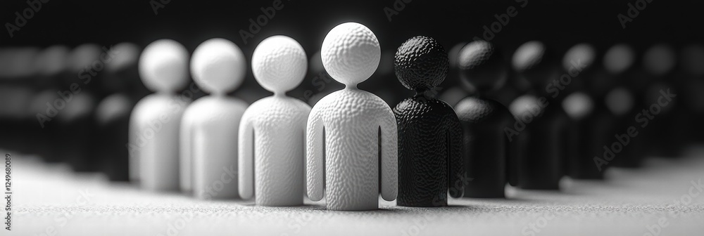 Poster black and white figures highlight contrast and unity in a minimalist setting