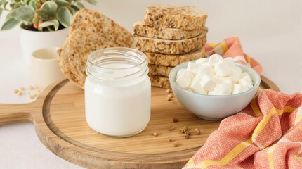 A jar of milk is on a wooden tray next to a bowl of marshmallows
