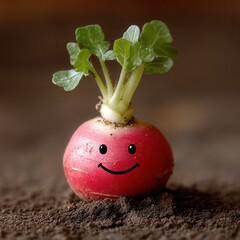 Fresh radish with a drawn smiley face and eyes peeking out of the soil. A bright root vegetable with green leaves creating a fun image, emphasizing the concept of organic food and natural products.