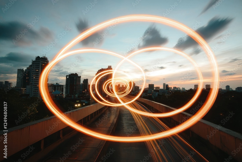 Poster in a smart cityscape, speed lines and glowing light trails interweave, representing big data connect