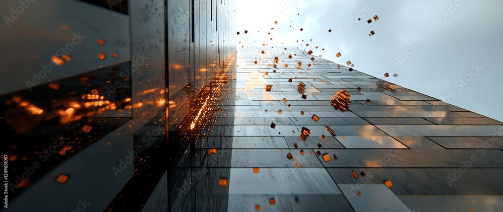 Poster a construction building enveloped by digital network lines and illuminated light nodes, symbolizing 