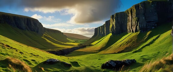 A vibrant depiction of Irish countryside where lush green hills meet rugged cliffs against a bright blue sky celebrating natural beauty