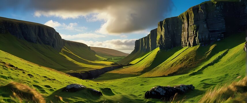 A vibrant depiction of Irish countryside where lush green hills meet rugged cliffs against a bright blue sky celebrating natural beauty