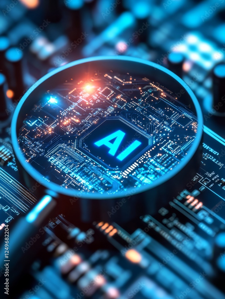Poster explore the intricate design of a modern ai microchip under a magnifying glass, showcasing technolog
