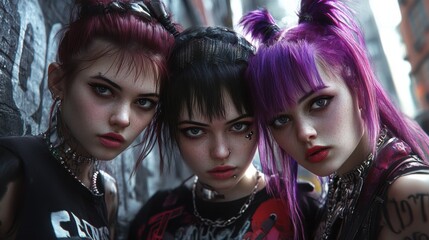 Naklejka premium three young punk women in the city