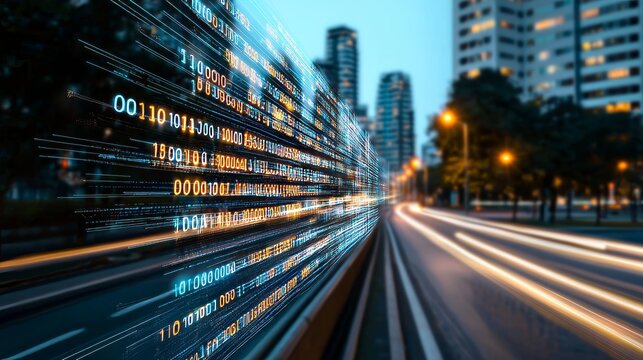 A smart city where holographic displays showcase data analytics within a cutting-edge office district, with a photorealistic portrayal that highlights advanced data processing and decision-making