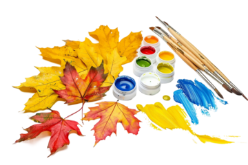 Seasonal Art Supplies with Autumn Leaves and Paint