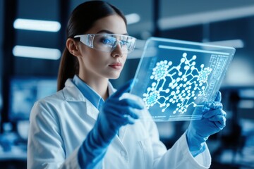 Woman in laboratory holding tablet displaying molecular structure and advanced scientific data