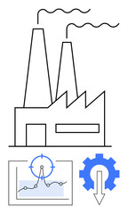 Factory with smokestacks, performance graph, and gear with downward arrow. Ideal for manufacturing, productivity, optimization, efficiency analysis, industrial decline, factory management