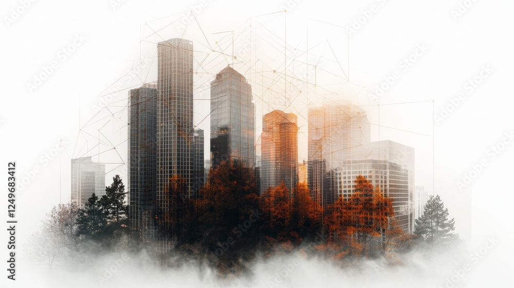 Poster a smart digital innovation city woven with a reciprocal connection network spanning the cityscape, i