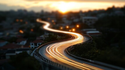 Obraz premium Vibrant city lights at night, accompanied by light trails from vehicles moving on a highway