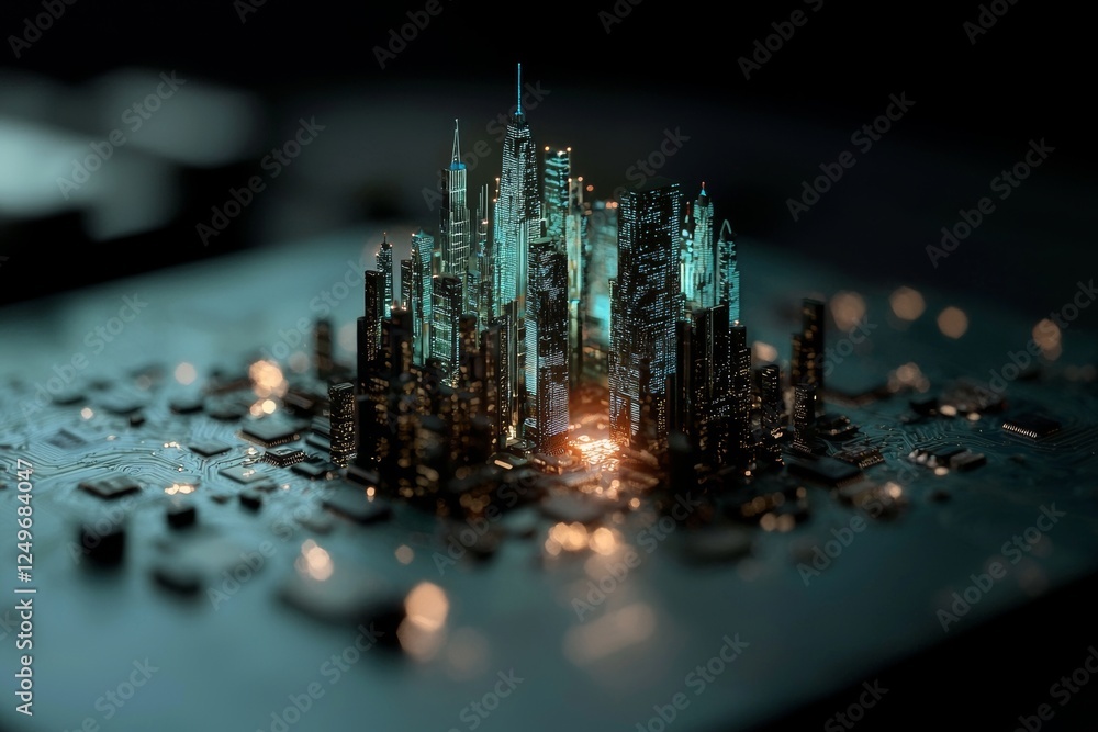 Aufkleber a 3d illustration depicting a futuristic microchip city with a backdrop of computer science and info