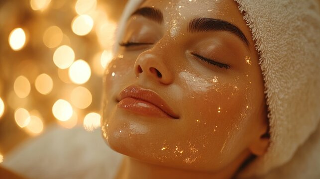 Woman with a golden sheet mask on her face, relaxing and enjoying a spa treatment.