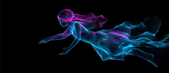 Banner with neon silhouette of a girl floating in the air on a dark background