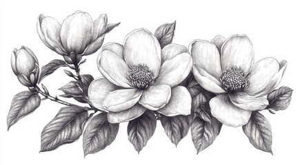 A detailed black-and-white illustration of magnolia flowers and leaves.