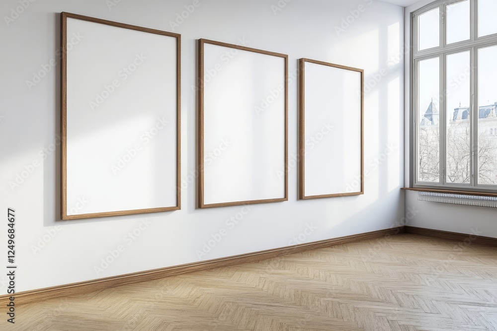 Poster there are empty wooden picture frames arranged neatly on a white wall in a bright, spacious room. th
