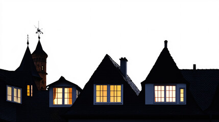Obraz premium Traditional village rooftops with dormer windows emitting warm light against a high-contrast white background 