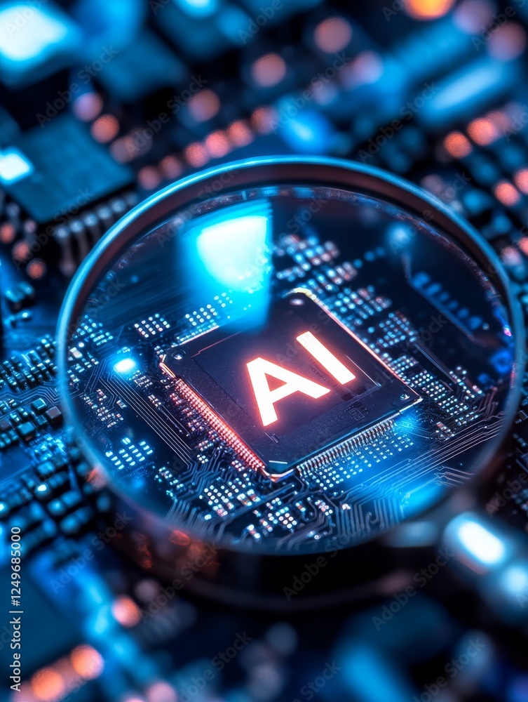 Poster a closeup view through a magnifying glass shows a sophisticated ai microchip on a circuit board, hig
