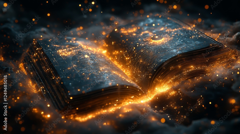 Aufkleber an open book of enchantments: a mystical grimoire illuminated by golden particles, emerging from a d