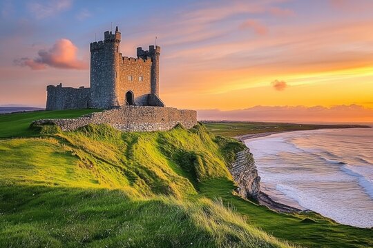 Classiebawn Castle Against the Scenic Landscape of Mullaghmore Head: Breathtaking Sunset View with Waves Rolling Ashore, a Signature Point on the Wild Atlantic Way, County Sligo, Ireland