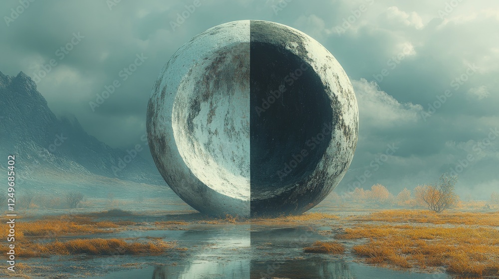 Aufkleber mystic sphere: a dichotomy of light and shadow in a surreal landscape with misty mountains and golde