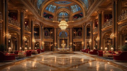 Obraz premium Opulent Grand Ballroom: A Glimpse into Timeless Elegance with Sparkling Chandeliers, Red Velvet Seating, and Exquisite Architectural Detailing in a Palace Interior.